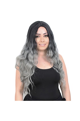 Su Dalgası Uzun Perçemsiz Fiber Sentetik Peruk - Siyah / Gri Ombreli