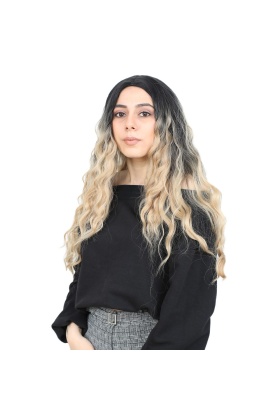 Su Dalgası Uzun Perçemsiz Fiber Sentetik Peruk - Siyah / Balköpüğü Ombreli