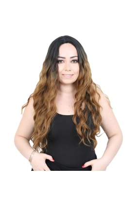 Su Dalgası Uzun Perçemsiz Fiber Sentetik Peruk - Siyah / Karamel Ombreli
