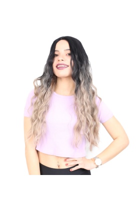 Su Dalgası Uzun Perçemsiz Fiber Sentetik Peruk - Siyah / Küllü Bebek Sarı Ombreli