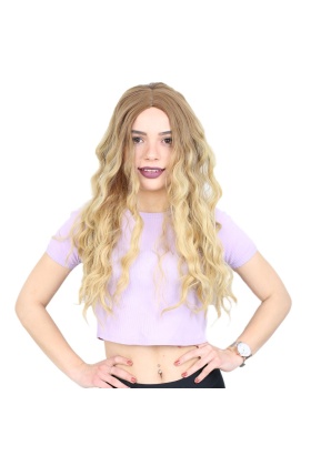 Su Dalgası Uzun Perçemsiz Fiber Sentetik Peruk - Kumral / Sarı Ombreli