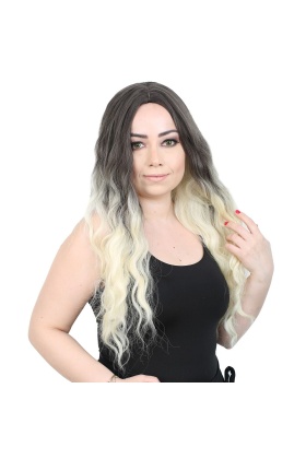 Su Dalgası Uzun Perçemsiz Fiber Sentetik Peruk - Küllü Siyah / Platin Ombreli