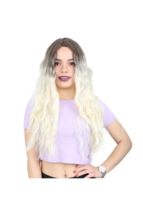 Su Dalgası Uzun Perçemsiz Fiber Sentetik Peruk - Küllü Açık Kahve / Platin Ombreli