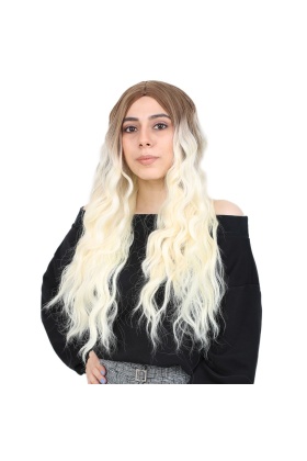 Su Dalgası Uzun Perçemsiz Fiber Sentetik Peruk - Kumral / Platin Ombreli