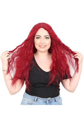 Kabarık Dalgalı Uzun Fiber Sentetik Peruk - Kızıl