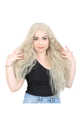 Kabarık Dalgalı Uzun Fiber Sentetik Peruk - Balköpüğü / Platin Röfleli