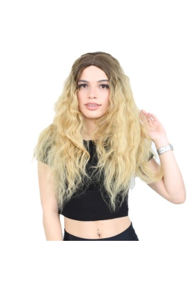 Kabarık Dalgalı Uzun Fiber Sentetik Peruk - Kumral / Sarı Ombreli