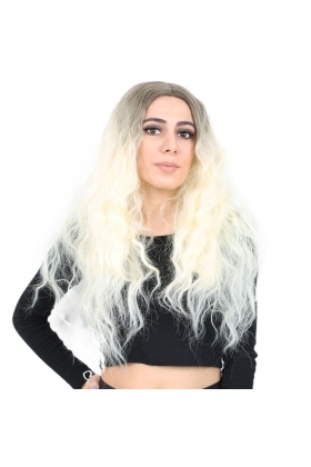 Kabarık Dalgalı Uzun Fiber Sentetik Peruk - Küllü Açık Kahve / Platin Ombreli