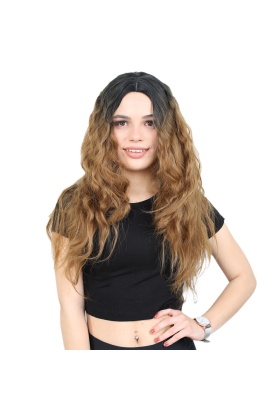 Kabarık Dalgalı Uzun Fiber Sentetik Peruk - Siyah / Karamel Ombreli