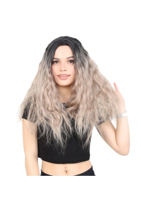 Kabarık Dalgalı Uzun Fiber Sentetik Peruk - Siyah / Küllü Bebek Sarı  Ombreli