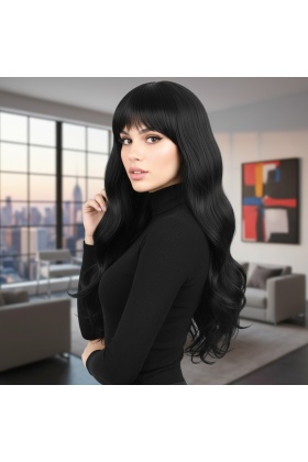 Kahküllü Uzun Dalgalı Fiber Sentetik Peruk - Siyah