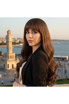 Kahküllü Uzun Dalgalı Fiber Sentetik Peruk - Kahve Karamel