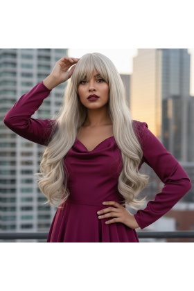 Kahküllü Uzun Dalgalı Fiber Sentetik Peruk - Balköpüğü / Platin Röfleli