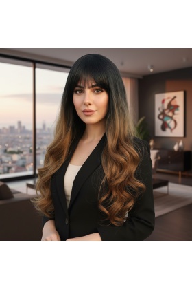 Kahküllü Uzun Dalgalı Fiber Sentetik Peruk - Siyah / Karamel Ombreli