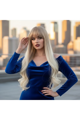 Kahküllü Uzun Dalgalı Fiber Sentetik Peruk - Küllü Balköpüğü / Platin Ombreli