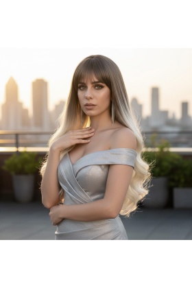 Kahküllü Uzun Dalgalı Fiber Sentetik Peruk - Küllü Açık Kahve / Platin Ombreli