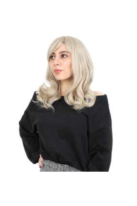 Dalgalı Perçemli Orta Boy Fiber Sentetik Peruk - Balköpüğü / Platin Röfleli