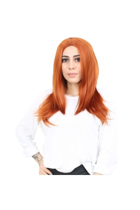 Kahkülsüz Fiber Sentetik Orta Boy Düz Peruk - Bakır