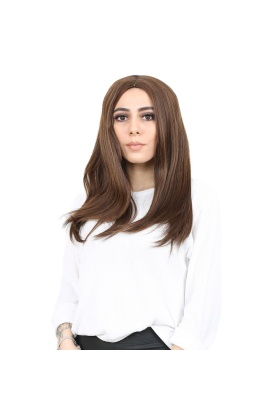 Kahkülsüz Fiber Sentetik Orta Boy Düz Peruk - Kahve Karamel