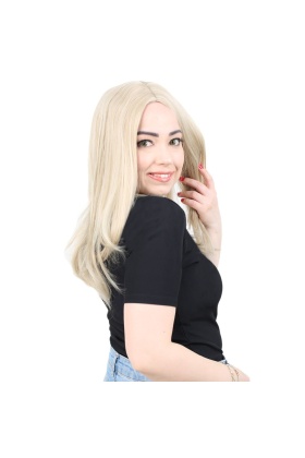 Kahkülsüz Fiber Sentetik Orta Boy Düz Peruk - Balköpüğü / Platin Röfleli