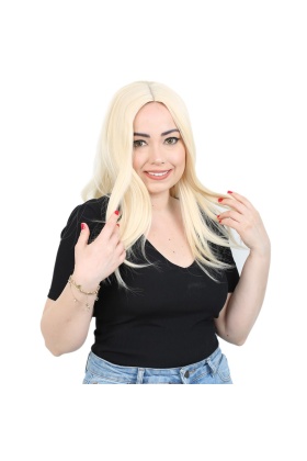 Kahkülsüz Fiber Sentetik Orta Boy Düz Peruk - Platin