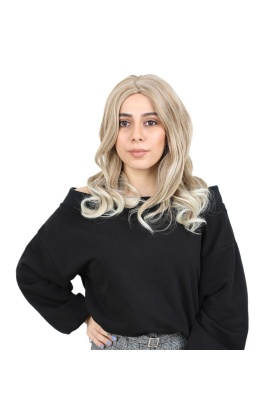 Kahkülsüz Fiber Sentetik Orta Boy Dalgalı Peruk - Karamel / Platin Röfleli