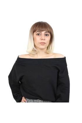 Kısa Küt Perçemli Fiber Sentetik Peruk - Kumral / Platin Ombreli