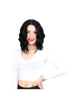 Fiber Sentetik Kısa Dalgalı Perçemsiz Peruk - Siyah