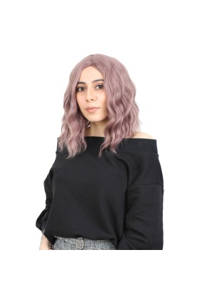 Fiber Sentetik Kısa Dalgalı Perçemsiz Peruk - Gül Kurusu