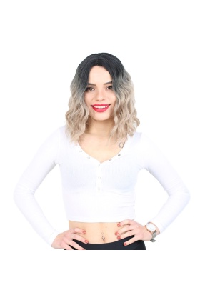 Fiber Sentetik Kısa Dalgalı Perçemsiz Peruk - Siyah / Küllü Bebek Sarı Ombreli