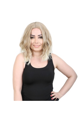 Fiber Sentetik Kısa Dalgalı Perçemsiz Peruk - Karamel / Platin Röfleli