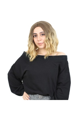 Fiber Sentetik Kısa Dalgalı Perçemsiz Peruk - Kumral / Sarı Ombreli