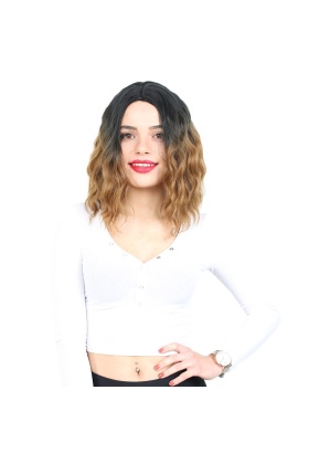 Fiber Sentetik Kısa Dalgalı Perçemsiz Peruk - Siyah / Karamel Ombreli