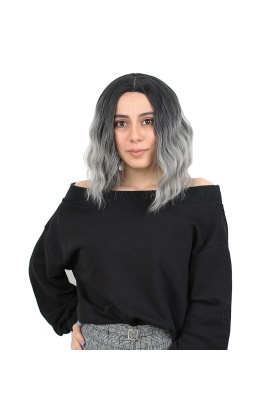 Fiber Sentetik Kısa Dalgalı Perçemsiz Peruk - Siyah / Gri Ombreli