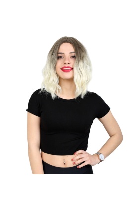 Fiber Sentetik Kısa Dalgalı Perçemsiz Peruk - Küllü Açık Kahve / Platin Ombreli