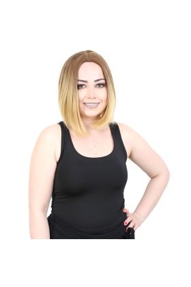 Kahkülsüz Düz Kısa Fiber Sentetik Peruk - Kumral / Sarı Ombreli