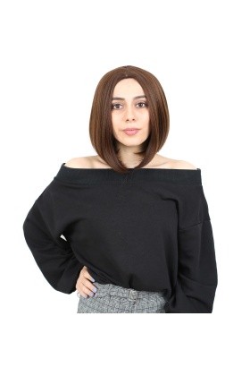 Kahkülsüz Düz Kısa Fiber Sentetik Peruk - Kahve Karamel