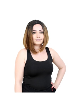 Kahkülsüz Düz Kısa Fiber Sentetik Peruk - Siyah / Karamel Ombreli