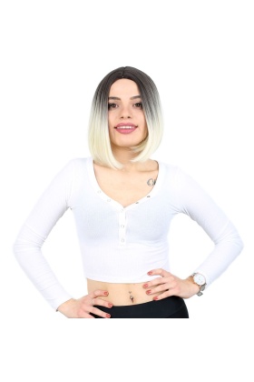 Kahkülsüz Düz Kısa Fiber Sentetik Peruk - Küllü Siyah / Platin Ombreli