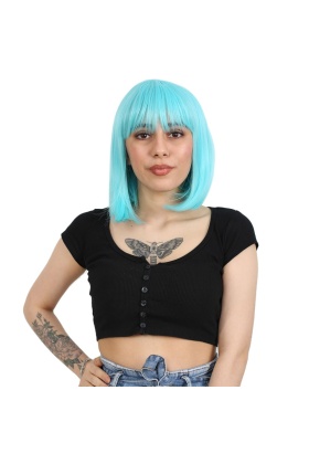 Küt Kahküllü Fiber Sentetik Peruk - Bebek Mavisi