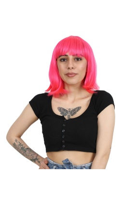Küt Kahküllü Fiber Sentetik Peruk - Neon Pembe
