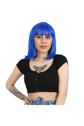 Küt Kahküllü Fiber Sentetik Peruk - Koyu Mavi