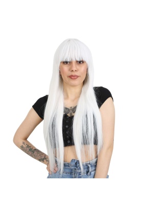 Uzun Kahküllü Fiber Sentetik Peruk - Beyaz