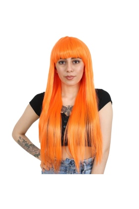 Uzun Kahküllü Fiber Sentetik Peruk - Turuncu