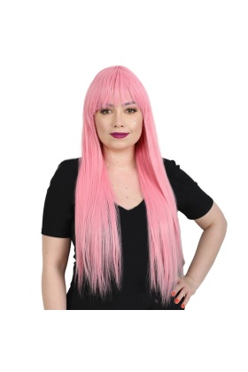 Uzun Kahküllü Fiber Sentetik Peruk - Şeker Pembesi