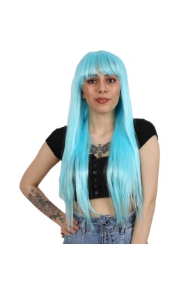 Uzun Kahküllü Fiber Sentetik Peruk - Bebek Mavisi