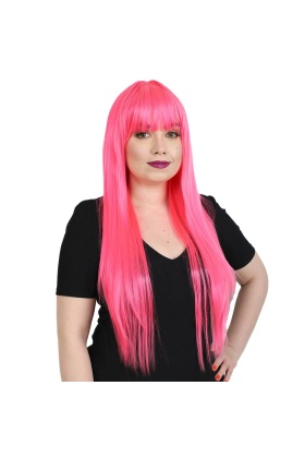Uzun Kahküllü Fiber Sentetik Peruk - Neon Pembe