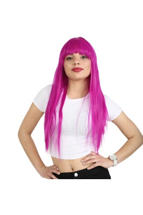 Uzun Kahküllü Fiber Sentetik Peruk - Fuşya