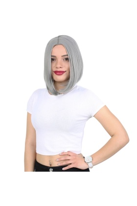 Fiber Sentetik Peruk Perçemsiz Kısa Düz - Gri