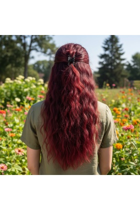 Fiber Sentetik Kabarık Dalgalı Yarım Ay + 2 Yan Çıt Çıt - Koyu Kızıl